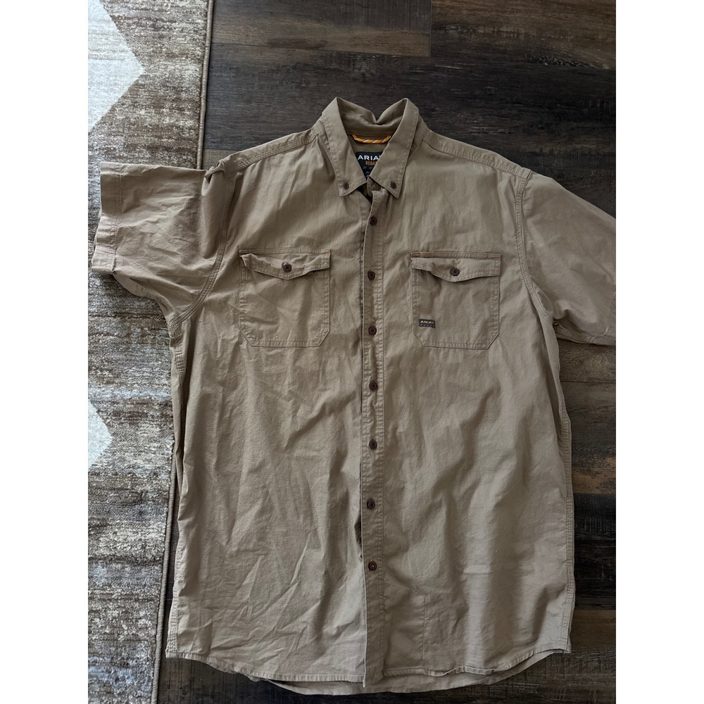 Ariat Rebar Mens XL Tall Tan Ripstop Short Sleeve Button Down Work Shirt